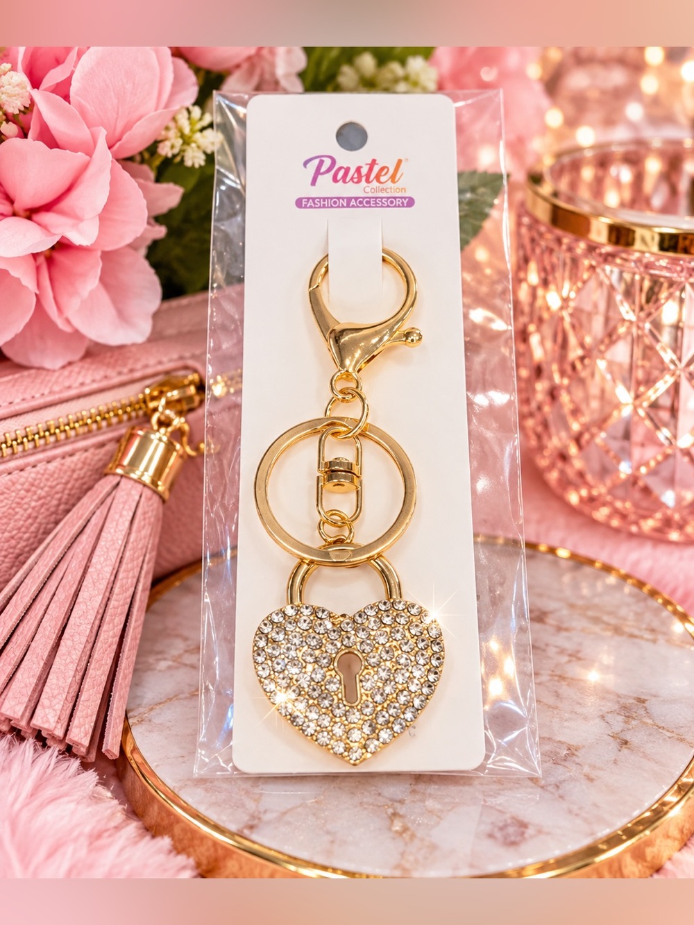 ✨ Pastel Collection Sparkling Gold-Tone Heart Keychain